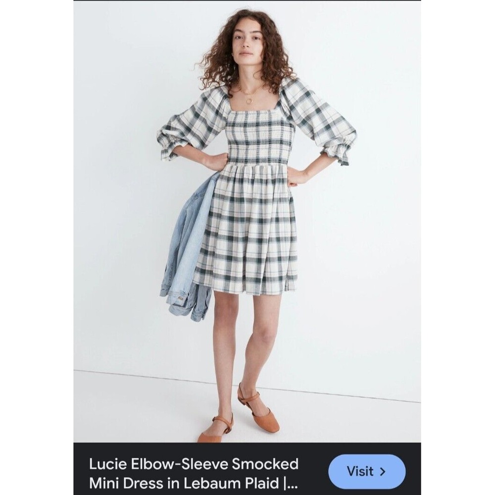 NWT Madewell Lucie‎ Cottagecore 3/4 Sleeve Smocked Mini Dress Lebaum Plaid Sz XS